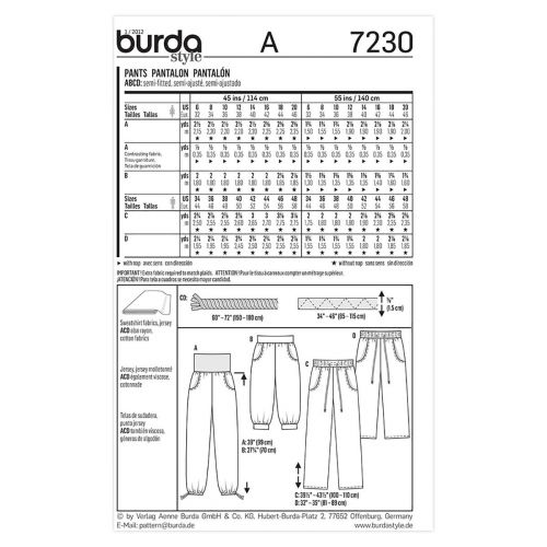 BURDA - 7230 PANTALONS UNISEXE