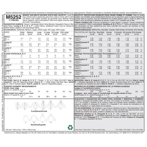 MCCALLS - M5252 VESTES EN POLAR POUR HOMMES / FEMMES - P À G