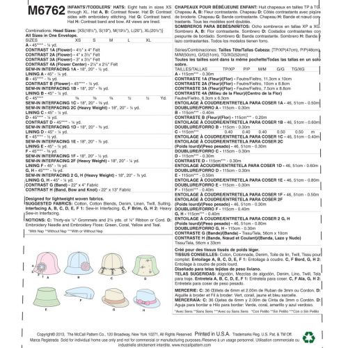 MCCALLS - M6762 CHAPEAUX - TOUT-PETIT - XP À TG