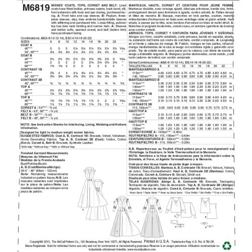 MCCALLS - M6819 DÉGUISEMENT MANTEAU CORSET POUR FEMMES - 6 À 14