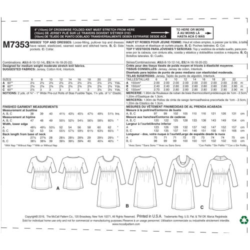 MCCALLS - M7353 ROBES ET HAUT À TAILLE ÉLASTIQUE POUR FEMMES - 6 À 14