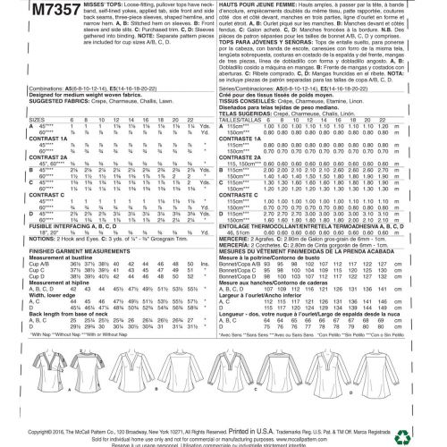 MCCALLS - M7357 HAUTS AVEC PANNEAUX LATÉRAUX POUR FEMMES