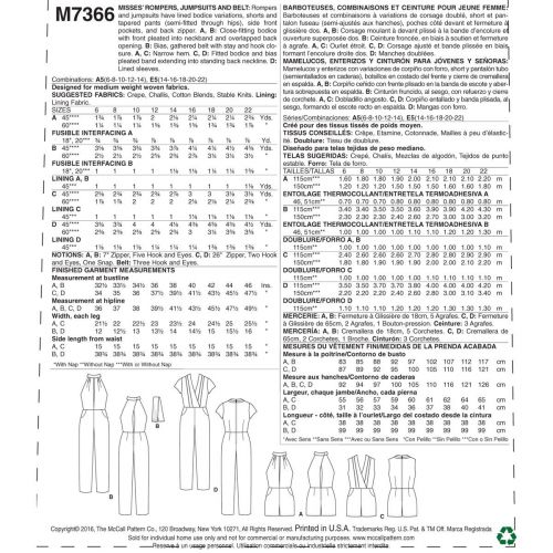 MCCALLS - M7366 COMBINAISONS POUR FEMMES - 14 À 22
