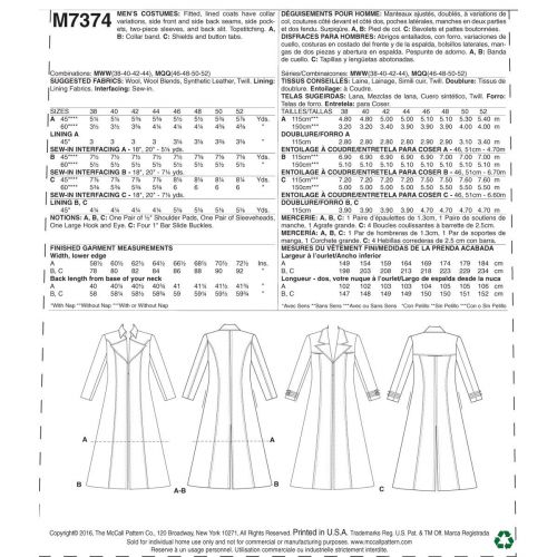 MCCALLS - M7374 MANTEAUX LONGS POUR HOMMES - 46 À 52