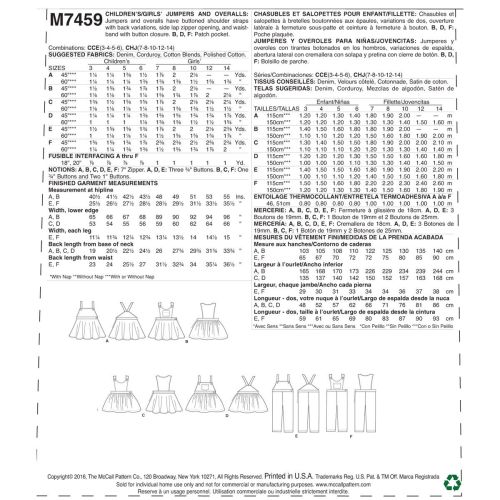 MCCALLS - M7459 CHASUBLES ET SALOPETTES POUR ENFANTS - 3 À 6