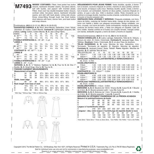 MCCALLS - M7493 DÉGUISEMENT D'ÉPOQUE POUR FEMMES - 14 À 22