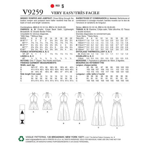 VOGUE - V9259 COMBINAISONS POUR FEMMES 