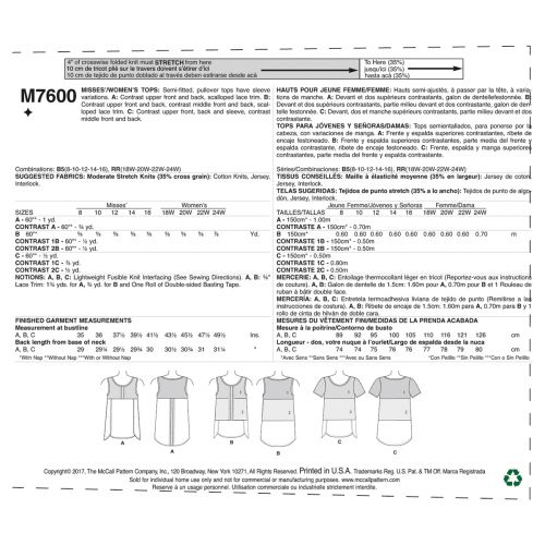 MCCALLS - M7600 SEMI-FITTED TOPS FOR MISS - 8-16