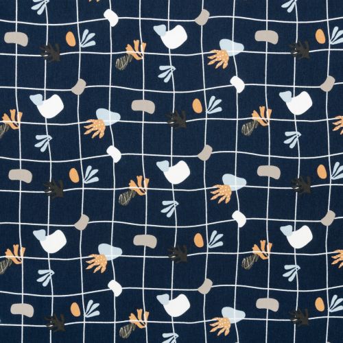 BAMBOO FRENCH TERRY BOTANICAL TILES PRINT - NAVY