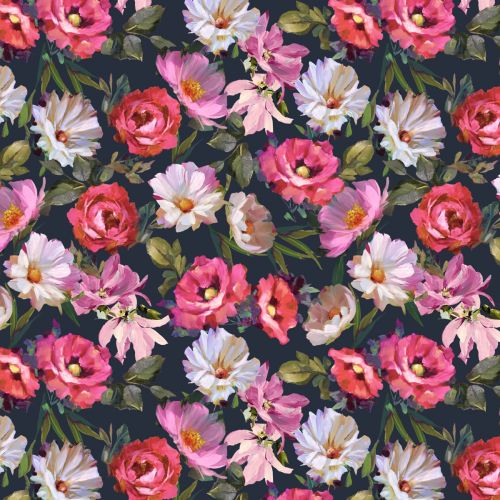 VISCOSE JERSEY DIGITAL FLOWERS - BLEU MARINE