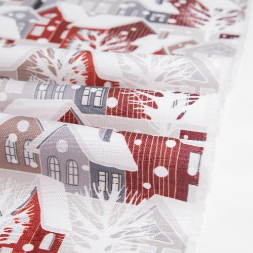 VILLAGE TABLECLOTH FABRIC - LINEN/RED