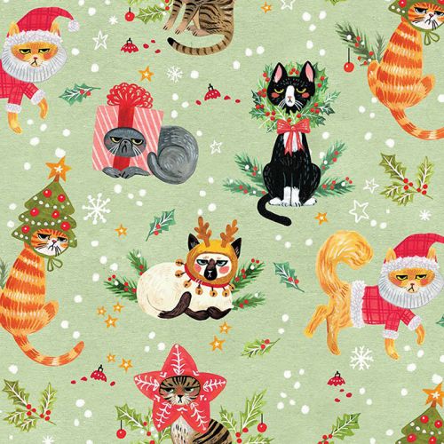 NOT AMEOWSED COTTON BY DEAR STELLA - CHRISTMAS CATS GREEN