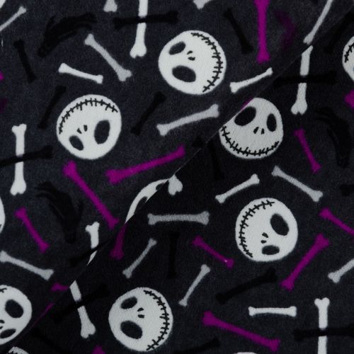 FLANNELETTE NIGHTMARE BEFORE CHRISTMAS  PAR CAMELOT - SKULL AND BONES GLOW IN THE DARK MAUVE