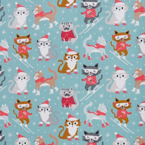 1M PRECUT QUILTING COTTON - SKIING CATS BLUE