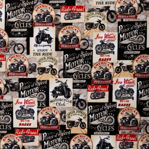 MINKY BY TIMELESS TREASURES - PACKED MOTORCYCLE SIGNS MULTI