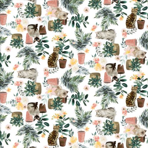 EVERYDAY IS CATURDAY COTTON BY 3 WISHES - CATS & PLANTS WHITE