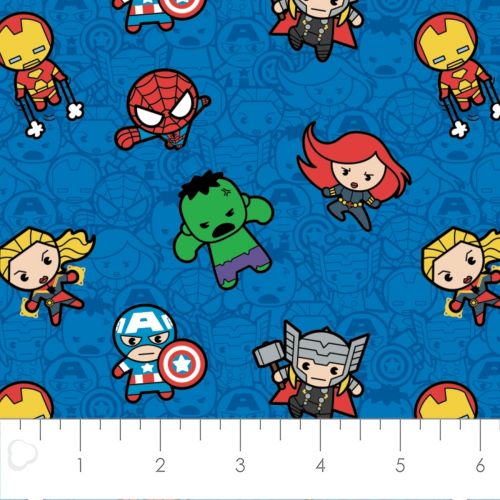 MARVEL COMICS : KAWAII COLLECTION COTTON BY CAMELOT - ACTION PACKED HEROES BLUE