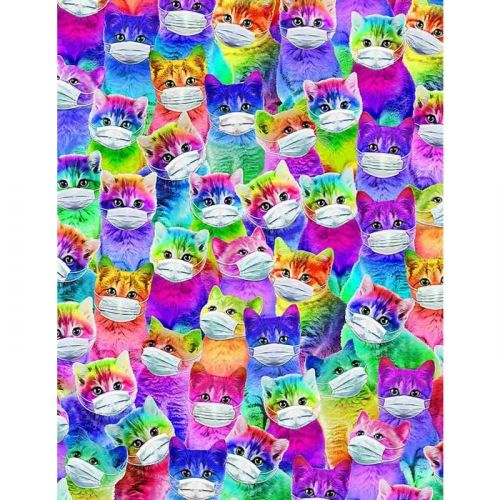 MASK UP COTTON BY TIMELESS TREASURE - BRIGHT CARTOON CATS WITH MASKS MULTI
