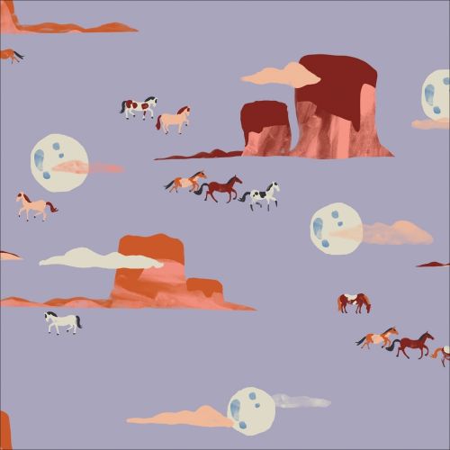 ARID WILDERNESS COTTON BY LOUISE CUNNINGHAM FOR CLOUD 9 - MOONLIT MUSTANGS BLUE