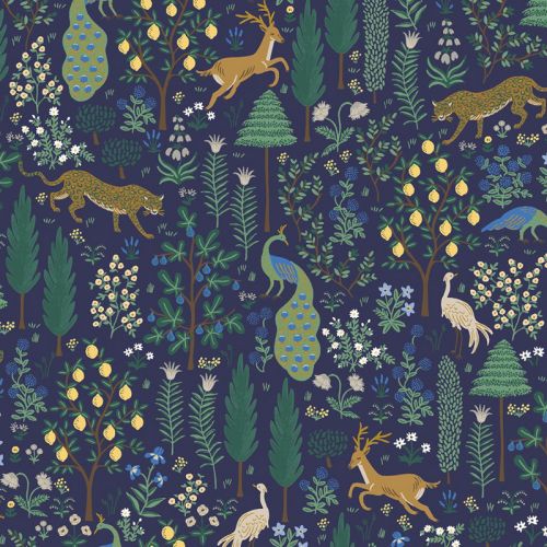 CAMONT COTTON BY RIFLE PAPER CO FOR COTTON + STEEL - EXOTIC FOREST METALLIC - NAVY