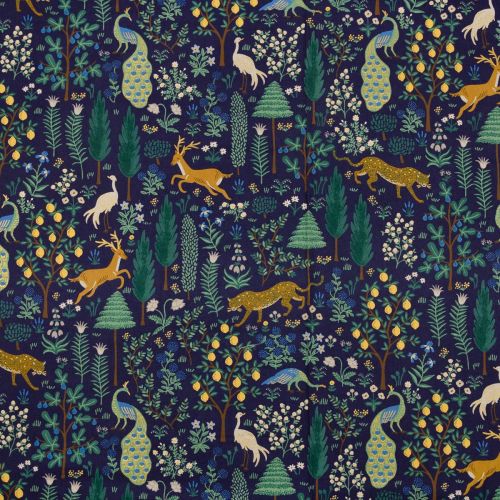 CAMONT UNBLEACH COTTON CANVAS BY RIFLE PAPER CO FOR COTTON + STEEL - EXOTIC FOREST METALLIC NAVY