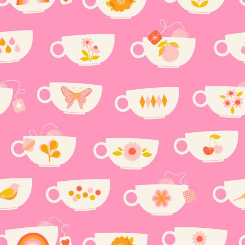 CAMELLIA COTTON BY MELODY MILLER FOR RUBY STAR SOCIETY - TEA CUPS FLAMINGO