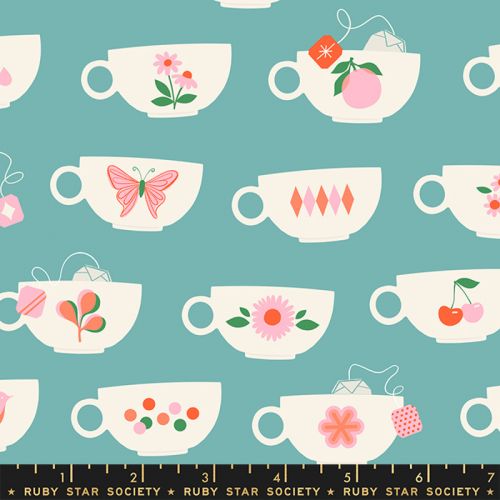 CAMELLIA COTTON BY MELODY MILLER FOR RUBY STAR SOCIETY - TEA CUPS TURQUOISE