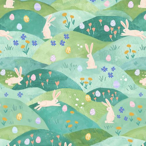 HOP TO IT COTTON BY CLARA JEAN FOR DEAR STELLA - EGG HUNT GREEN
