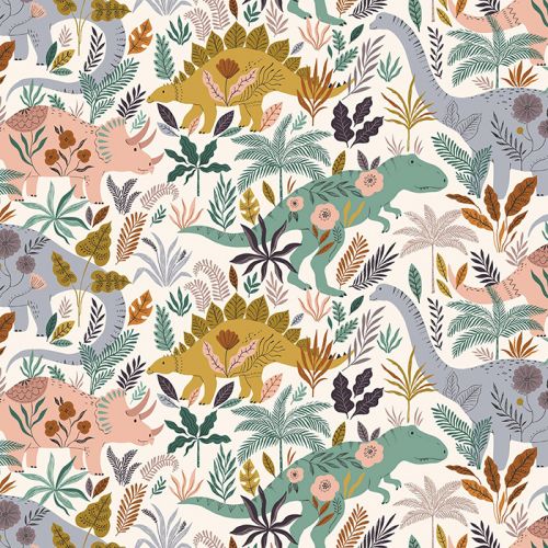 ROAR COTTON BY BETHAN JANINE FOR DASHWOOD - FLORAL DINOSAURS WHITE