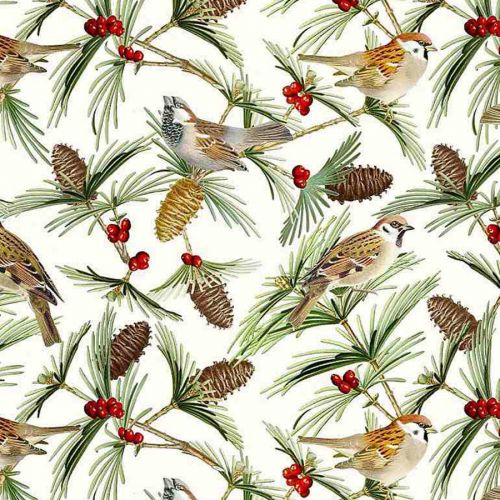 HOLIDAY RETREAT COTTON BY TIMELESS TREASURES - WINTER BIRDS ON BRANCHES AND PINECONES CREAM