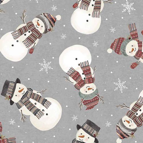 LET IT SNOW COTTON BY GAILCADDEN FOR TIMELESS TREASURES - TOSSED SNOWMEN AND SNOWFLAKES GREY