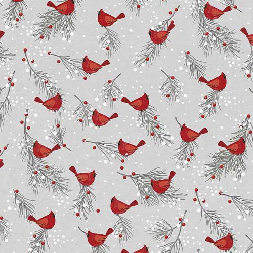 LET IT SNOW COTTON BY GAILCADDEN FOR TIMELESS TREASURES - RED CARDINALS ON WINTER BERRIES GREY