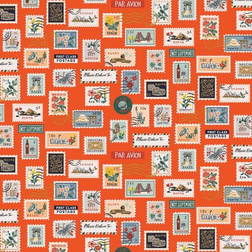 BON VOYAGE COTTON BY RIFLE PAPER CO. FOR COTTON+STEEL - POSTAGE STAMPS RED METALLIC