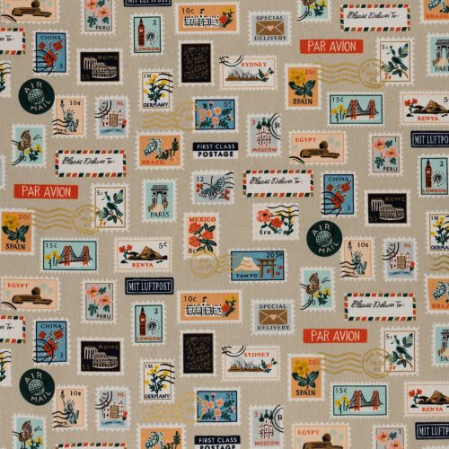 BON VOYAGE CANVAS BY RIFLE PAPER CO. FOR COTTON+STEEL - POSTAGE STAMPS NATURAL METALLIC UNBLEACHED