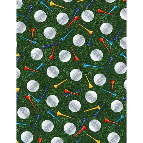 PAR FOR GOLF COTTON BY TIMELESS TREASURES - GOLF BALLS AND TEES ON GRASS GREEN