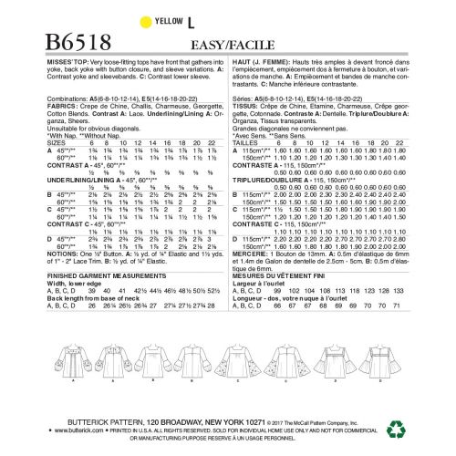 BUTTERICK - B6518 VERY LOOSE-FITTING TOPS FOR MISS