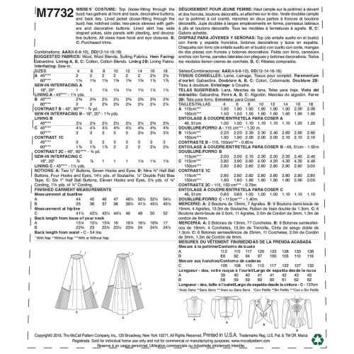 MCCALLS - M7732 - DÉGUISEMENT D'ÉPOQUE POUR FEMME - 12 À 18