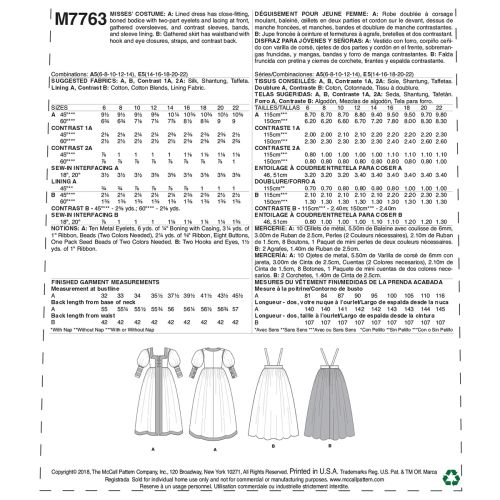 MCCALLS - M7763 DÉGUISEMENT ROBE D'ÉPOQUE POUR FEMME 6-14