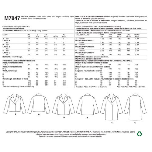 MCCALLS - M7847 FITTED COATS FOR MISS - XS-XL