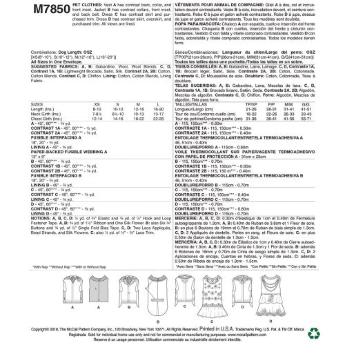 MCCALLS - M7850 PETS CLOTHES - XS-L