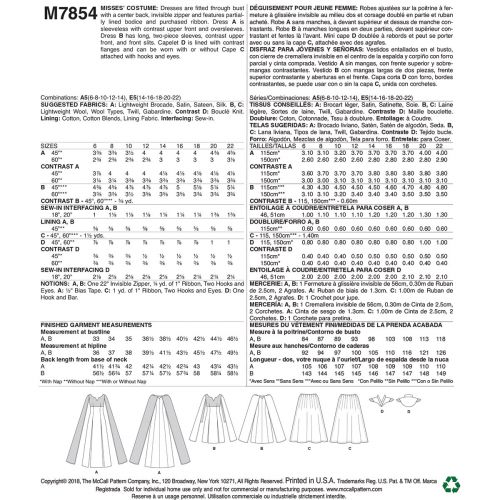 MCCALLS - M7854 COSTUME FOR MISS - 6-14