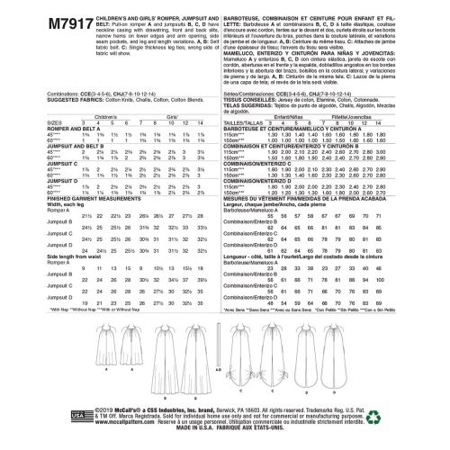 MCCALLS - M7917 BARBOTEUSE ET COMBINAISONS POUR ENFANTS - 3-6