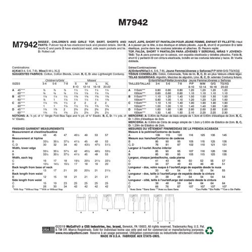 MCCALLS - M7942 HAUT, JUPE, SHORT ET PANTALON POUR ENFANT/FEMME - 3-8/P-TG