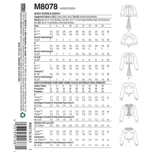 MCCALLS - M8078 HISTORICAL BLOUSES FOR MISS - 4-12