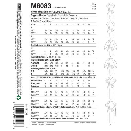 MCCALLS - M8083 DRESSES AND BELT FOR MISS - 6-14