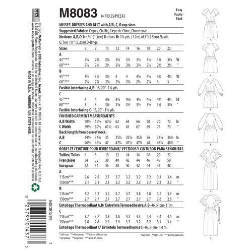 MCCALLS - M8083 DRESSES AND BELT FOR MISS - 14-22