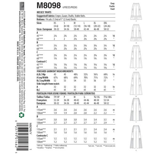 MCCALLS - M8098 PANTS FOR MISS - XS-M