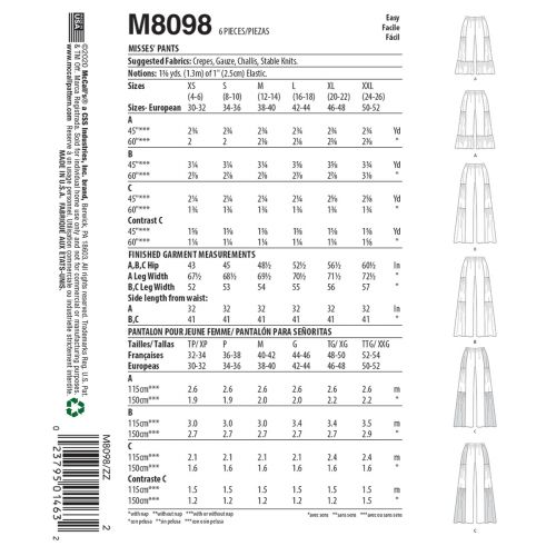 MCCALLS - M8098 PANTS FOR MISS - L-XXL