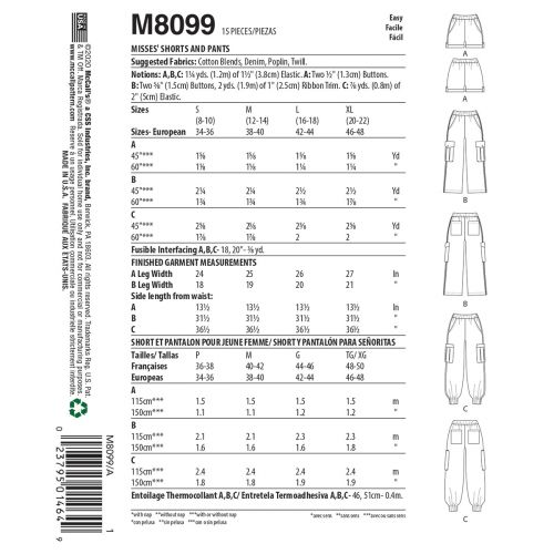 MCCALLS - M8099 SHORTS AND PANTS FOR MISS - S-XL