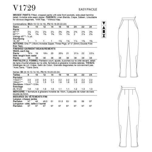 VOGUE - V1729 FITTED, CROPPED PANTS FOR MISS